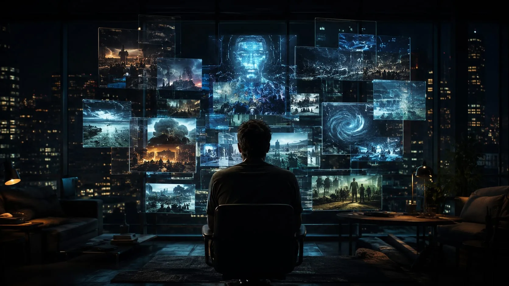 A lone person illuminated by multiple translucent digital screens in a dark apartment at night