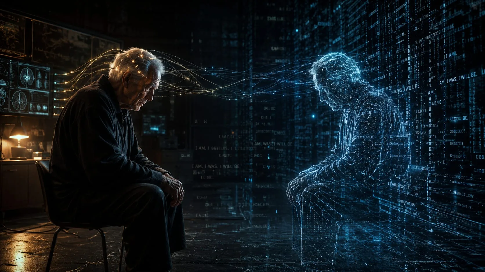 A somber cinematic scene of an elderly man in a dimly lit room connected by glowing neural threads to a holographic figure that mirrors his posture exactly