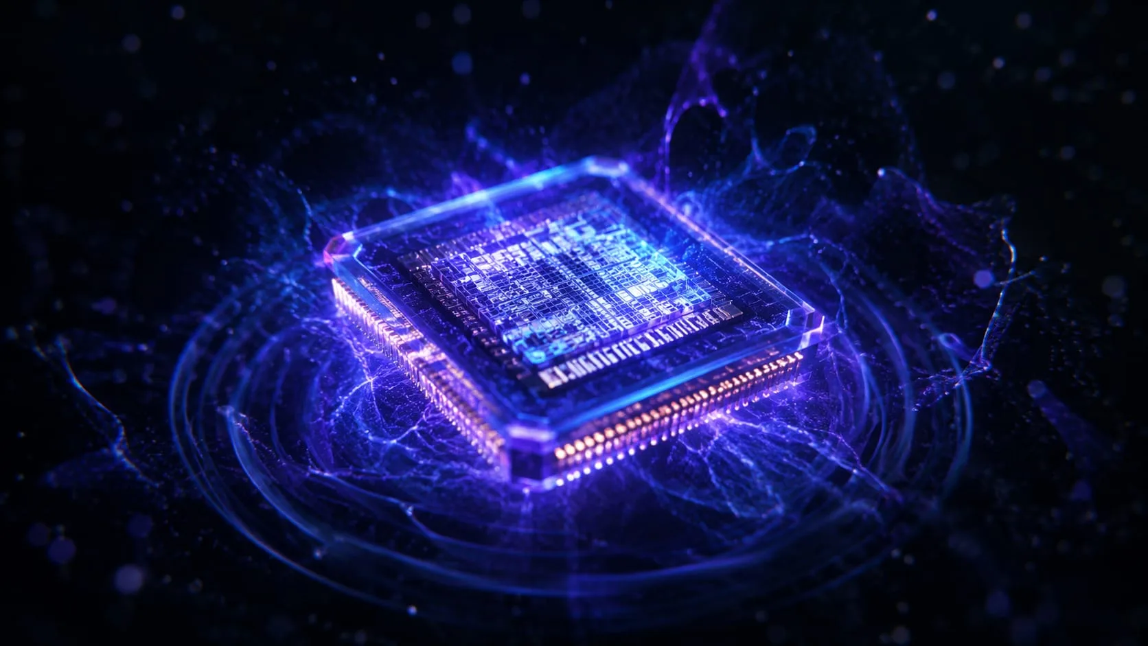 Glowing semiconductor chip floating in dark space with faint quantum energy ripples